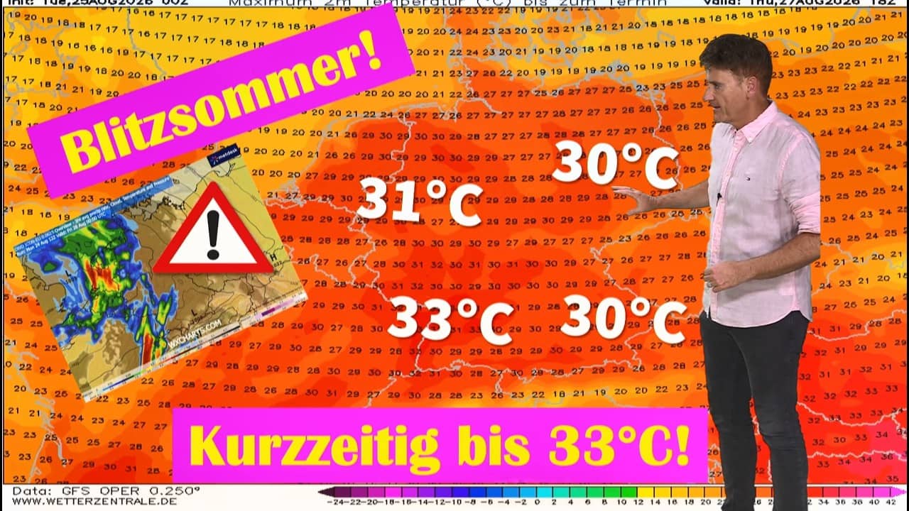 33 Grad! Heißester Tag der Woche  dann Tornados, Hagel & Sturm ab Donnerstagabend!